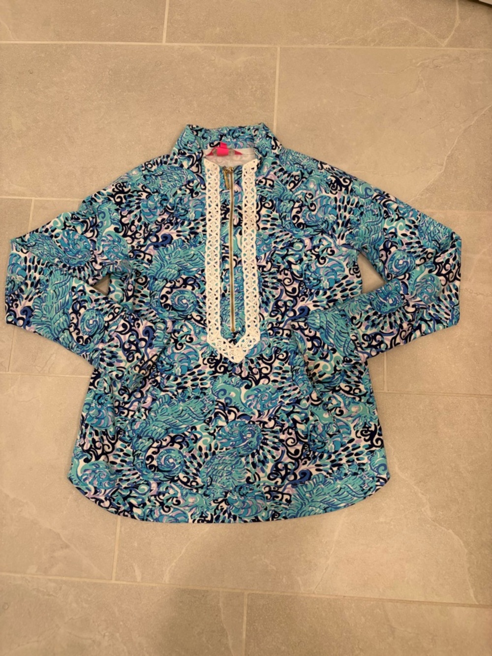 Lilly Pulitzer Janie Popover Light Aqua Spritz Seahorse Half Zip Sweatshirt XS - Picture 12 of 15
